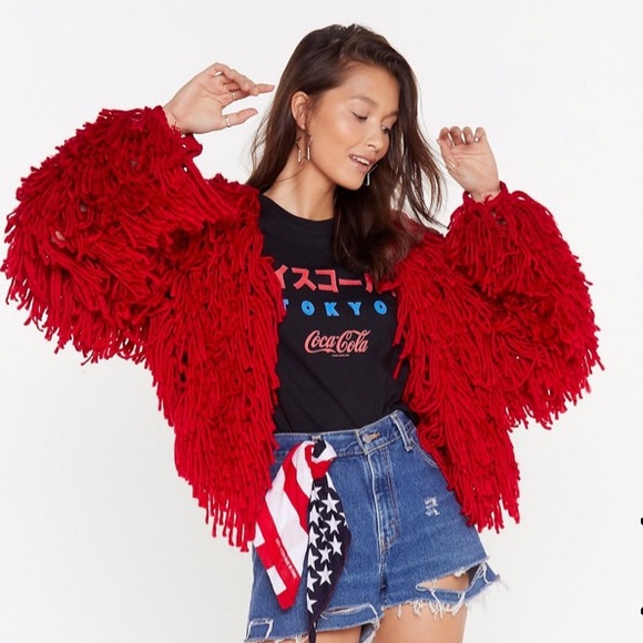 Nasty Gal Jackets & Blazers - Nasty Gal Red Crop Shaggy Cardigan